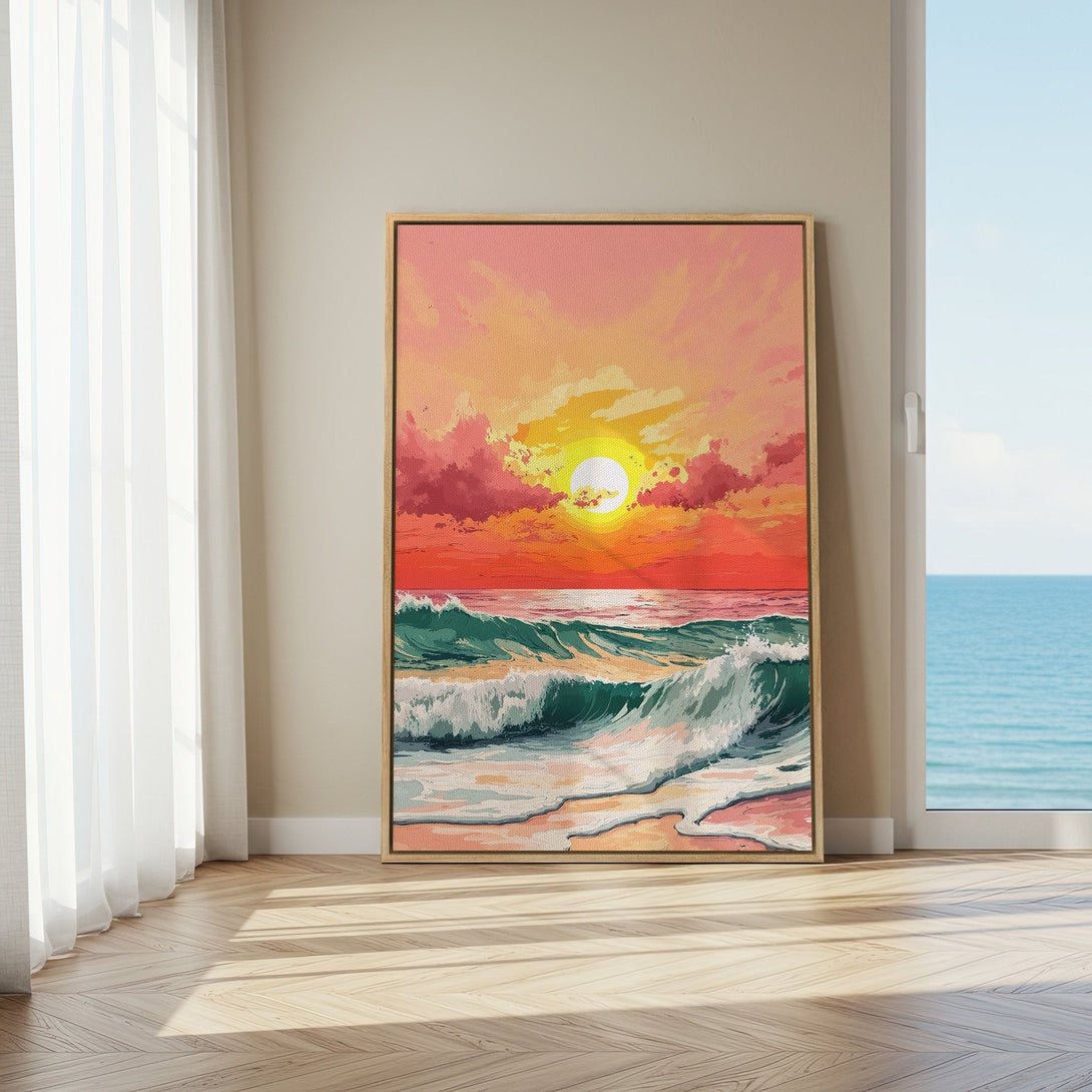 Framed Wall Art: Sunset over ocean waves in vibrant pink, orange, and teal hues. Coastal art print perfect for home decor.