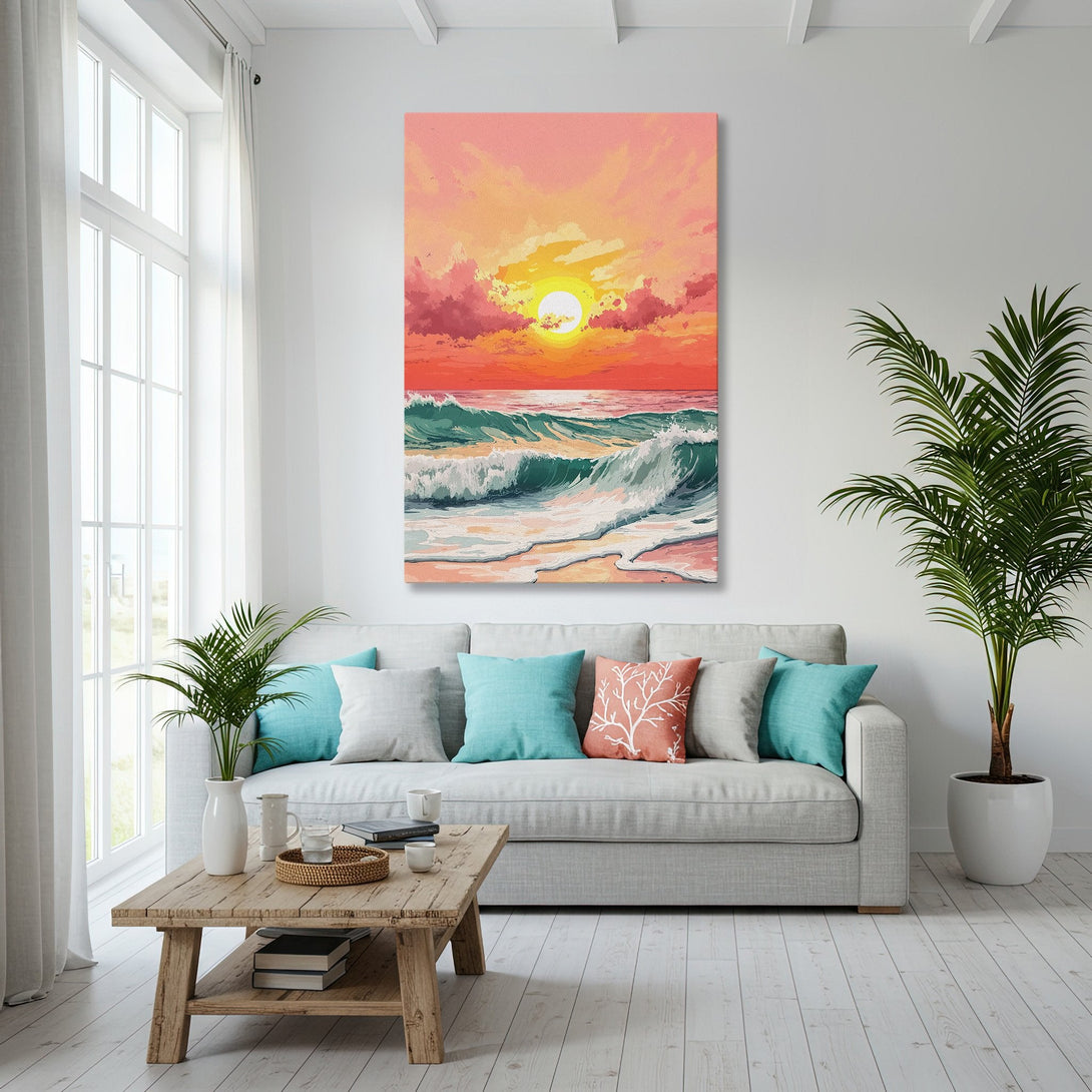 Framed Wall Art featuring a sunset over ocean waves. Coastal style canvas print with warm orange, red, and teal color palette, perfect for living room decor.