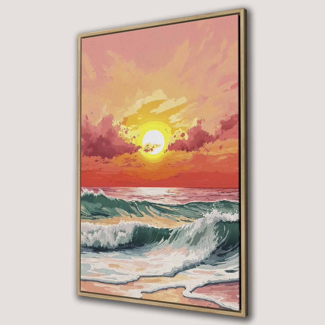Framed Wall Art: Sunset over ocean waves. Coastal art print in warm orange, pink, and teal tones. Perfect beach house decor.