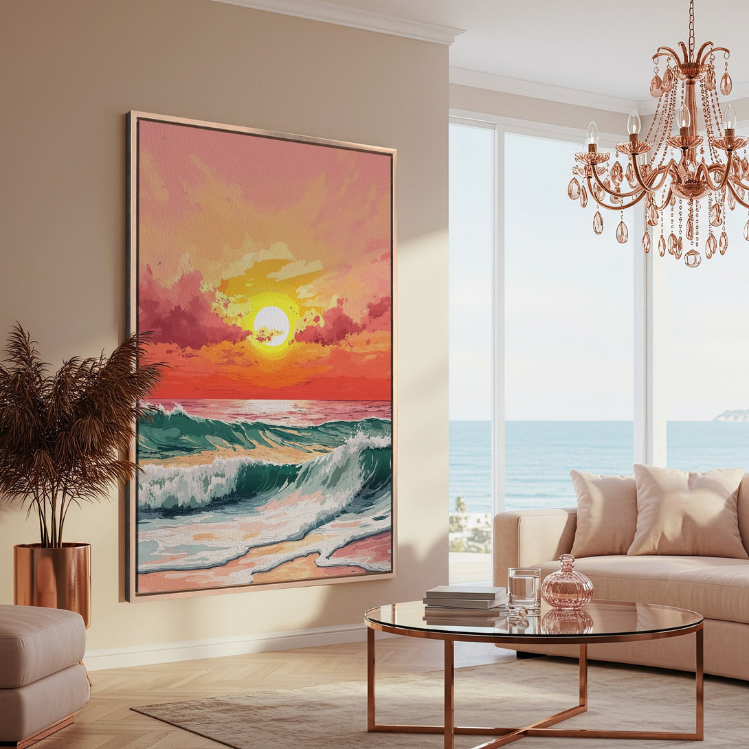 Framed Wall Art: Coastal sunset canvas print in warm tones. Modern living room decor with pink, orange, and teal color palette. Bring the beach home!