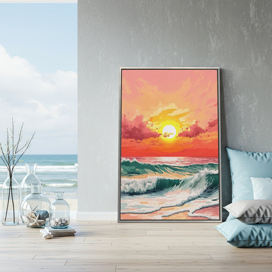 Framed Wall Art featuring a vibrant sunset over the ocean. Coastal-inspired artwork with warm orange & pink hues. Perfect for adding a pop of color!