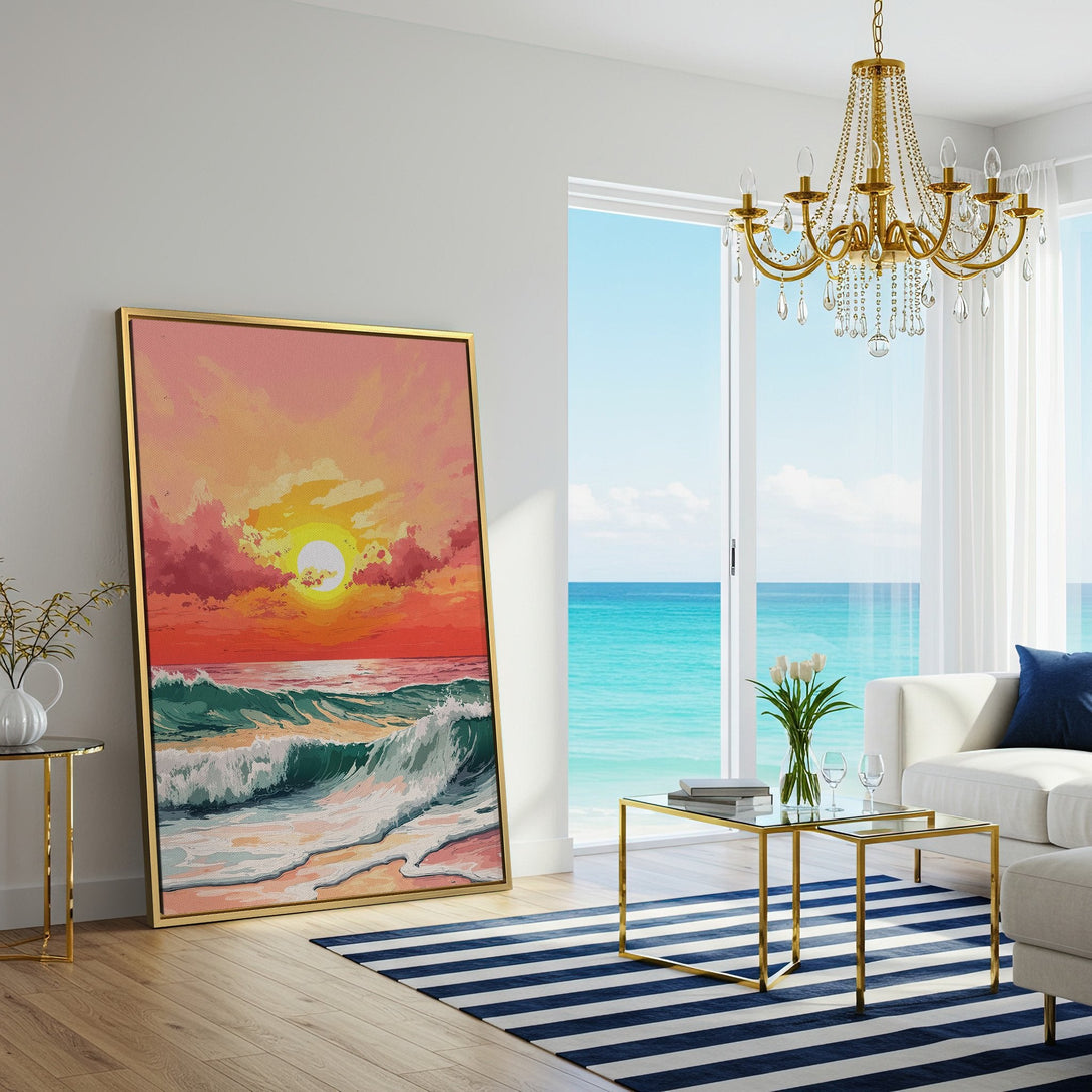 Canvas Print of a sunset over ocean waves, in a vibrant, warm color palette. Coastal art for a relaxing interior.