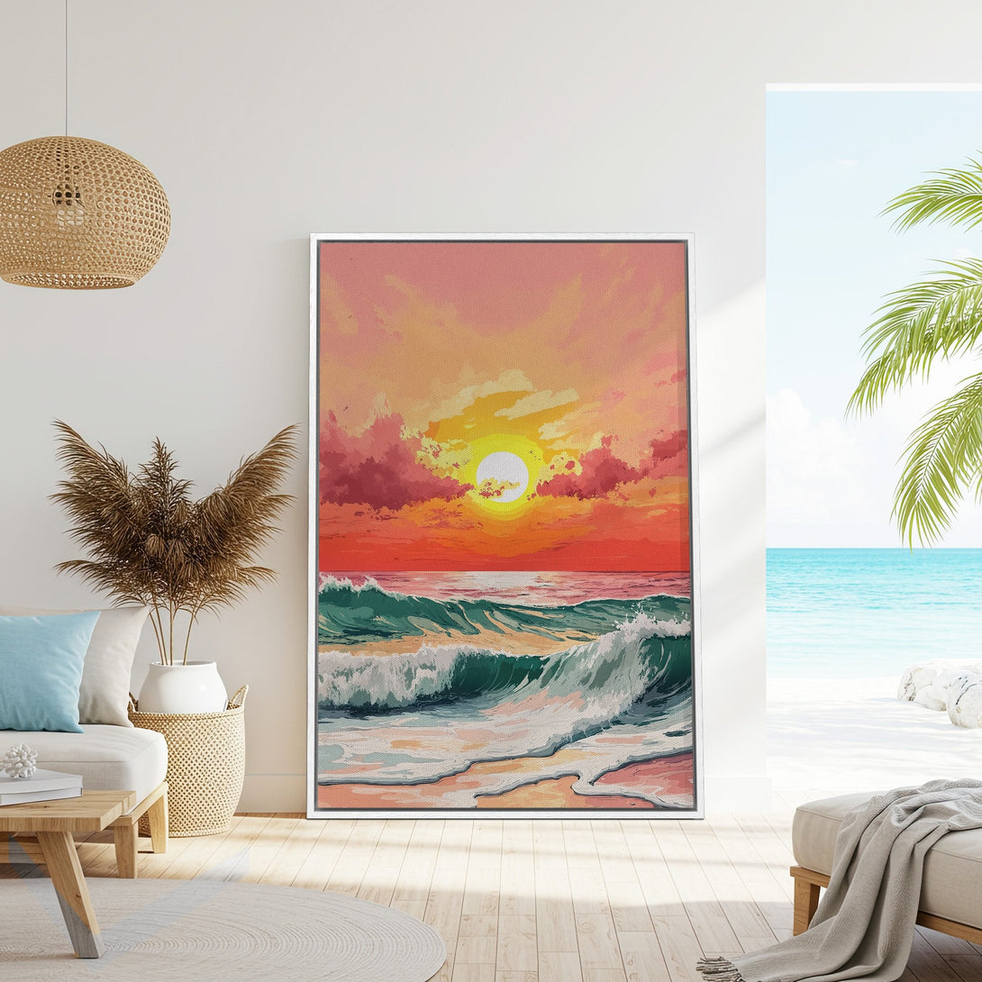 Framed Wall Art of a vibrant sunset over ocean waves. Coastal art in warm orange, pink, and teal tones. Perfect for adding a touch of paradise to your home.