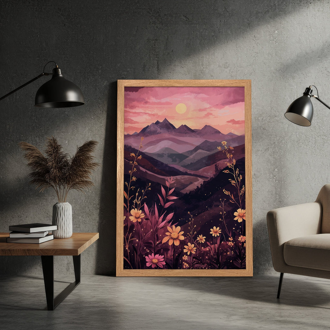 Framed Poster featuring a watercolor landscape with mountains, flowers, and a sunset in a pink and purple palette.