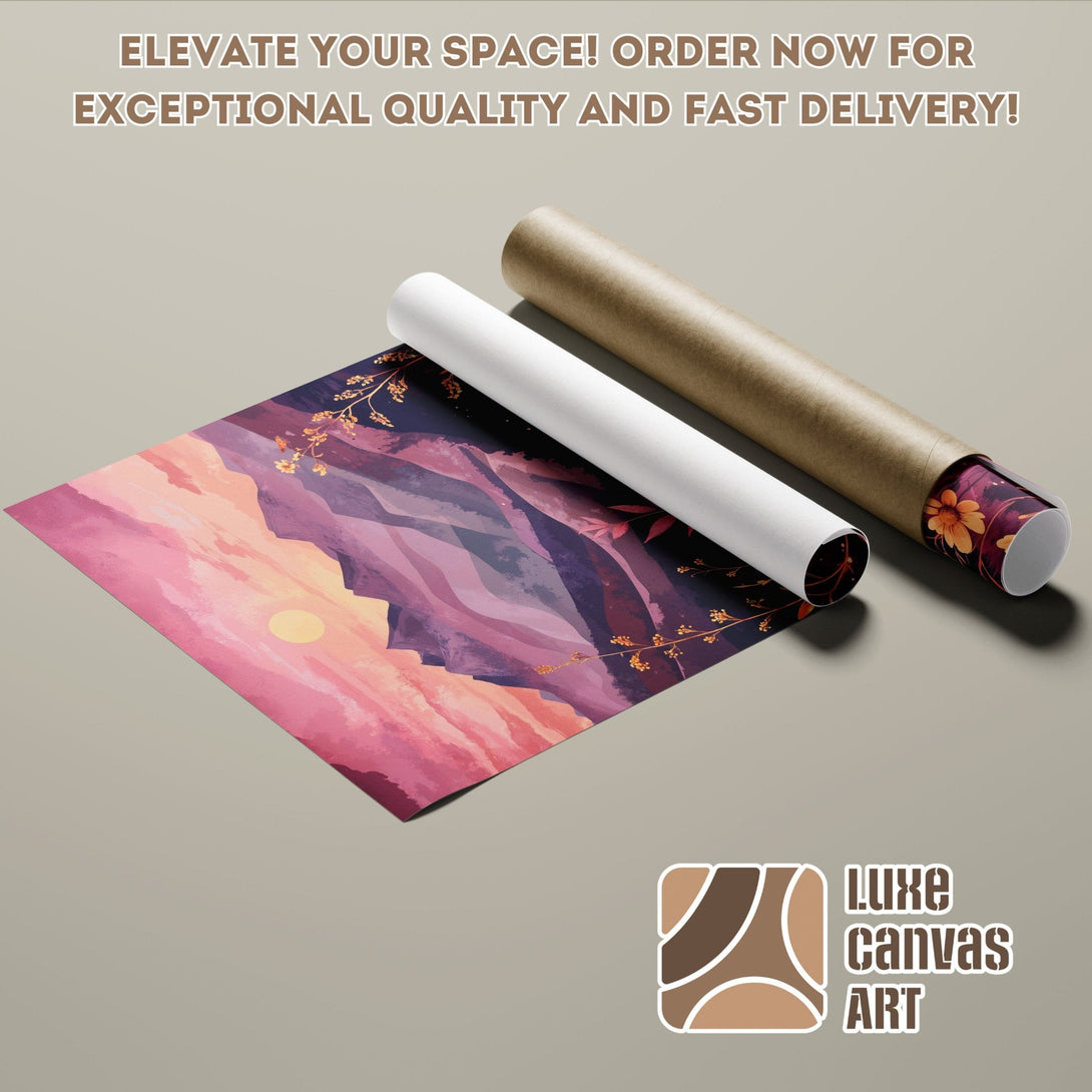 Poster Roll featuring a sunset landscape in pink and purple tones, perfect for wall decor.