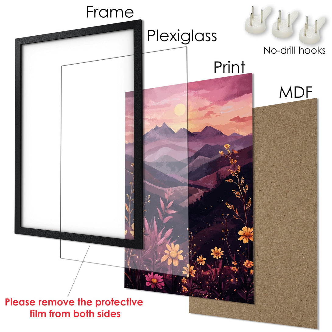 Framed Poster featuring a landscape art print. Warm sunset colors and floral elements in a stylish design. Ready to hang!