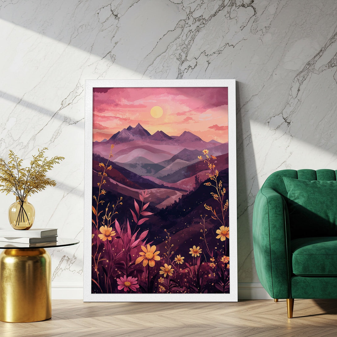 Framed Poster featuring a watercolor landscape with mountains, flowers, and a sunset in a vibrant pink and purple palette. Perfect wall art!
