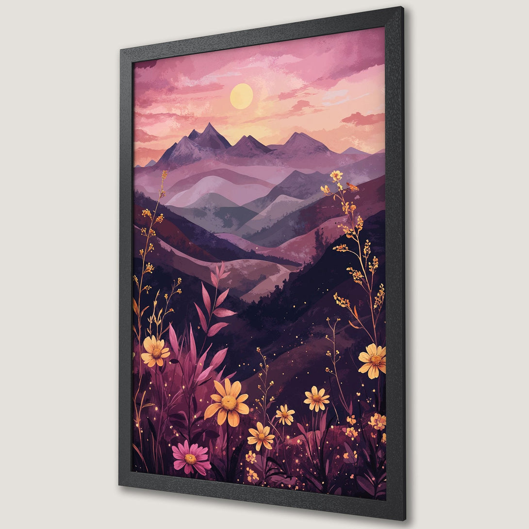 Framed Poster of a watercolor landscape with mountains, flowers, and sunset. Featuring a pink and purple color palette.