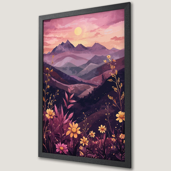 Framed Poster of a watercolor landscape with mountains, flowers, and sunset. Featuring a pink and purple color palette.