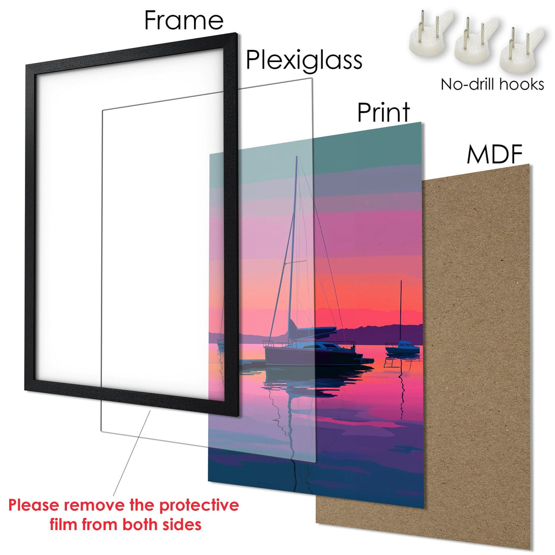 Framed Poster featuring a sunset sailboat scene in vibrant pinks and purples. Modern art style.