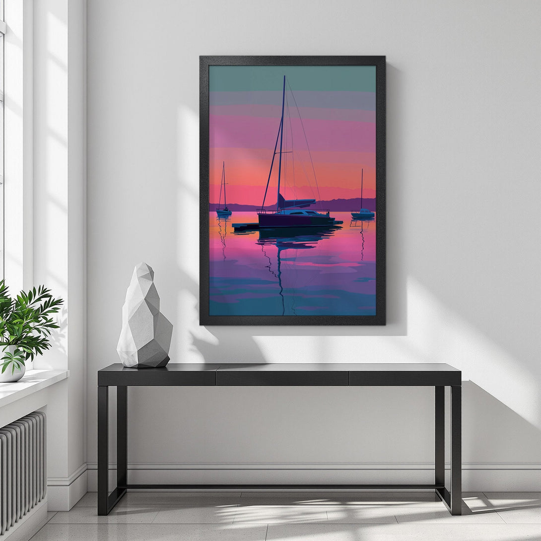 Framed Poster of sailboats at sunset. Modern, minimalist style with vibrant pink, purple, and teal color palette. Perfect wall art for any space.