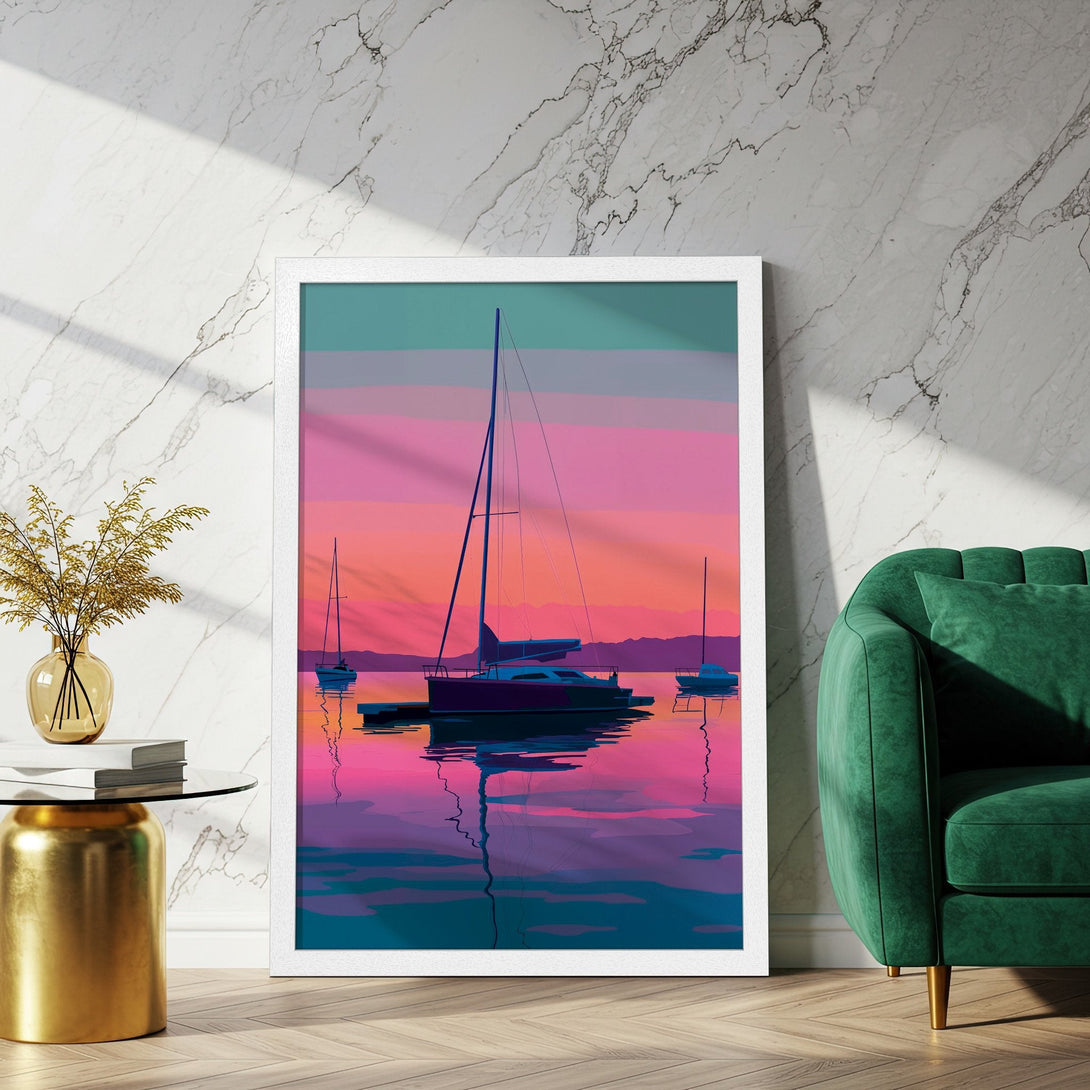 Framed Poster featuring a sailboat at sunset. Modern art style with a vibrant pink, purple, and teal color palette. Perfect wall decor.