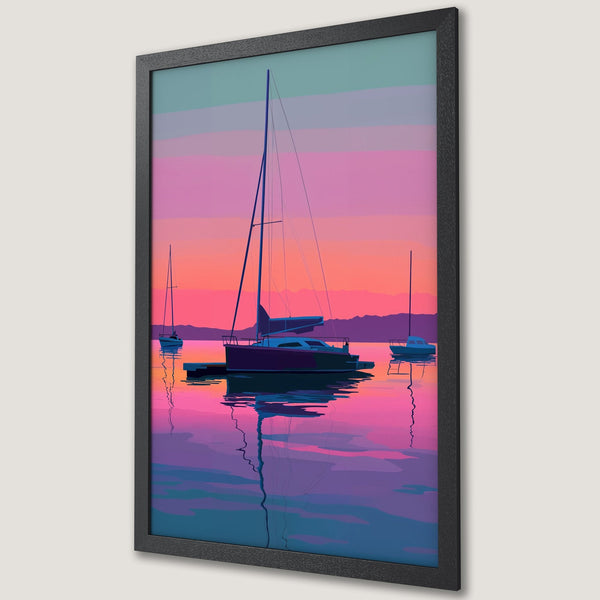 Framed Poster featuring sailboats at sunset. Modern art style with a vibrant pink, purple, and blue color palette. Perfect wall decor for any space.