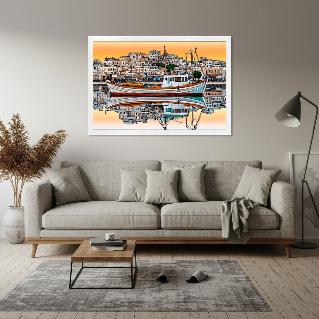 Framed Poster of boat and cityscape, vibrant colors and artistic style, perfect for home decor.