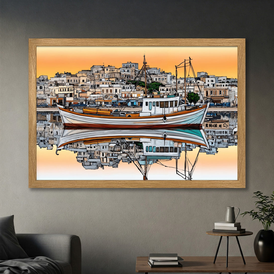 Framed Poster featuring a boat and city scene in a vibrant, artistic style with warm orange and neutral tones. Perfect wall art!