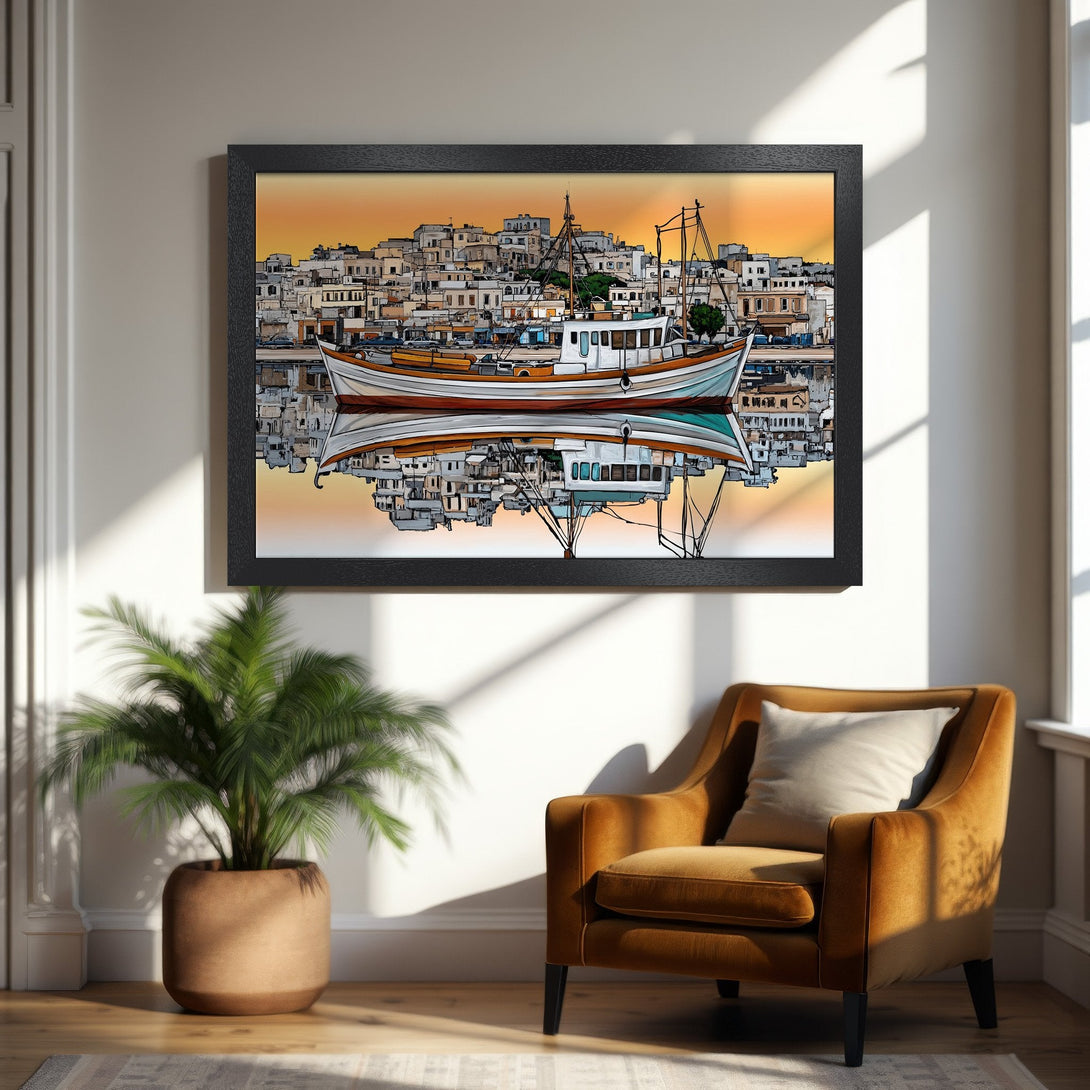 Framed Poster featuring a boat in a harbor, artistic style with warm orange and beige tones. Perfect wall art!