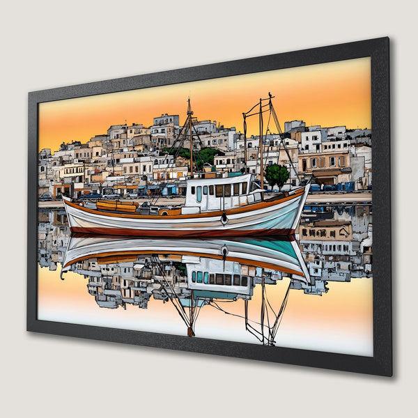 Framed Poster featuring a boat on water with a city backdrop. Artistic style, warm orange and blue color palette. Perfect wall art!