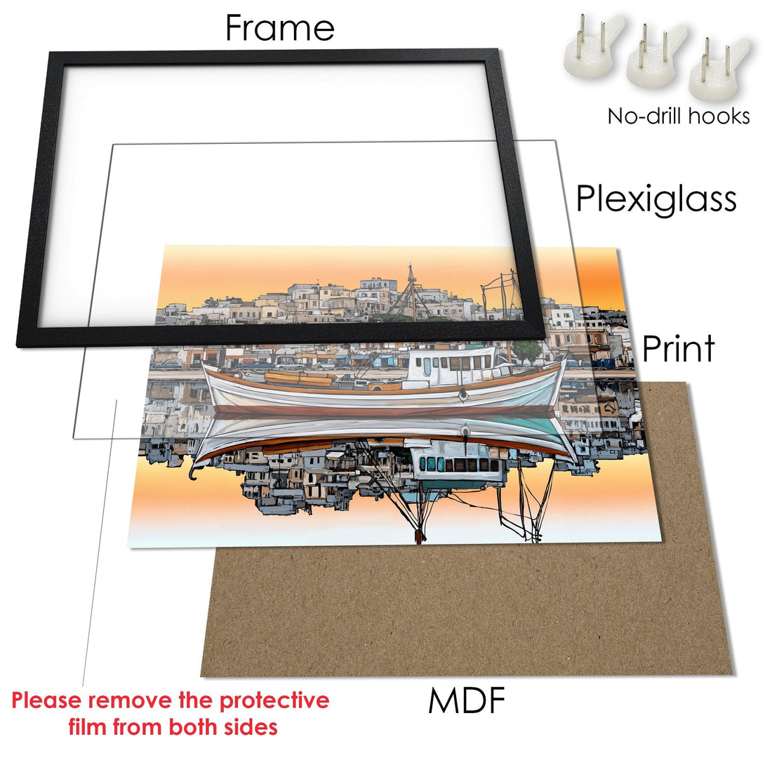 Framed Poster featuring a boat scene in a modern style with warm orange and neutral tones. Perfect wall art!