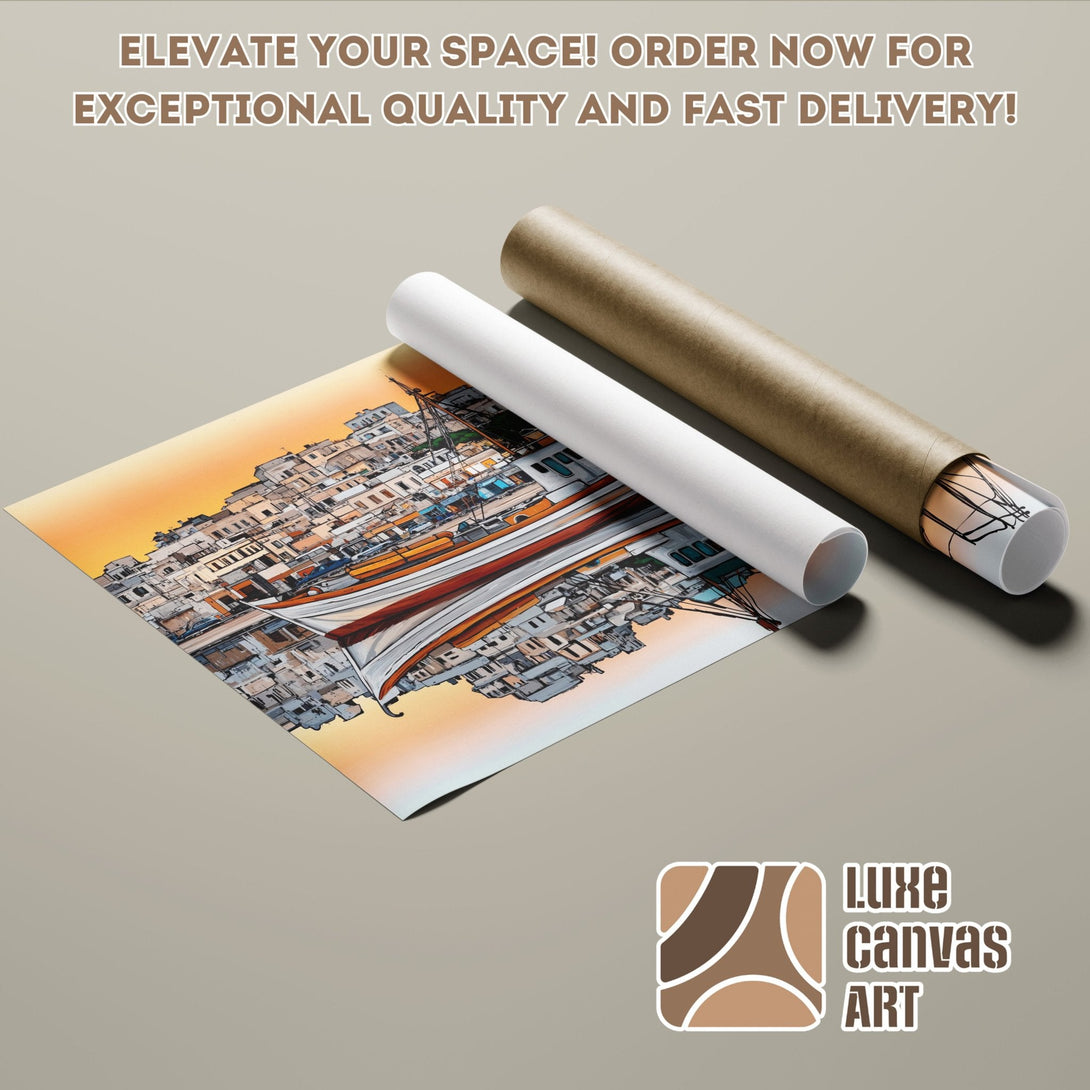 Poster Roll featuring a coastal scene in warm orange tones. Perfect wall art for your home!
