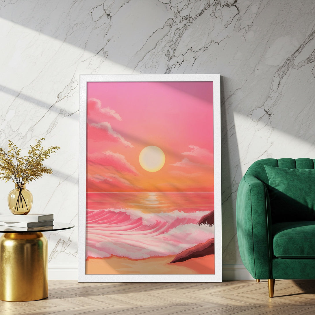 Framed Poster of a vibrant sunset over the ocean. Modern art style with a pink and orange color palette, perfect wall decor.