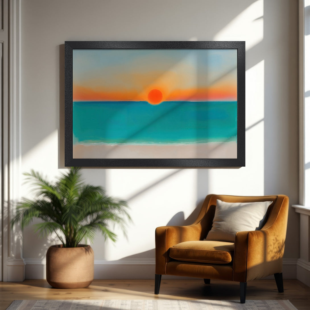 Framed Poster featuring a sunset over the ocean, abstract style with orange, teal, and blue hues. Perfect wall art for any room!