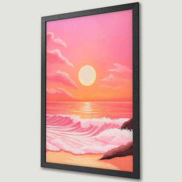Framed Poster: Sunset beach art print in pink and orange hues. Coastal decor, perfect for a relaxing vibe.