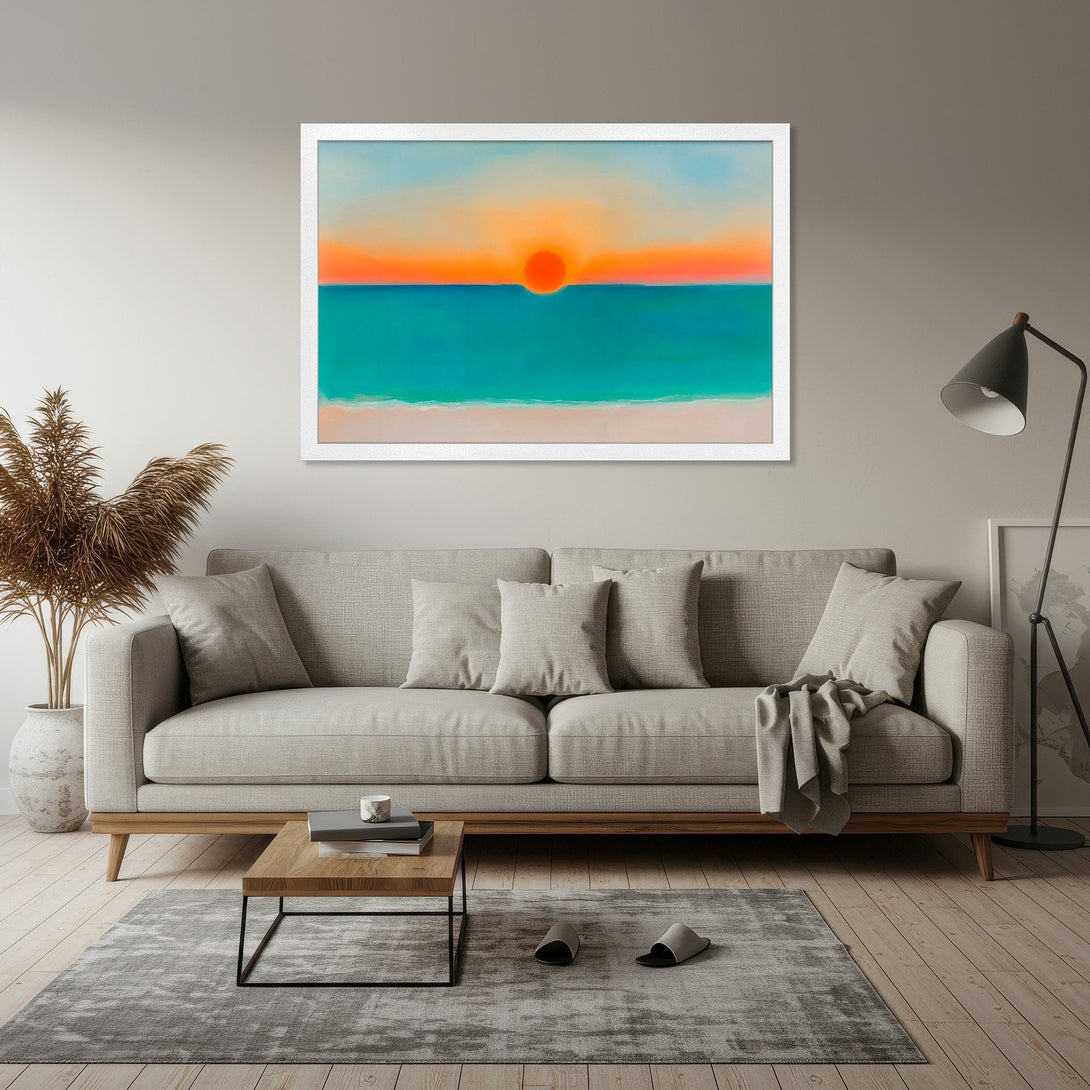 Framed Poster of a sunset over the ocean. Abstract style with vibrant orange, teal, and blue tones. Perfect wall art for a modern home.