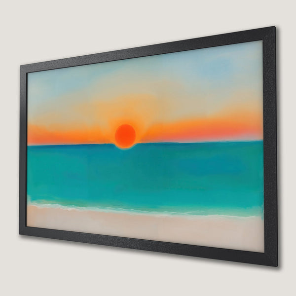 Framed Poster of a vibrant sunset over the ocean. Coastal art in a modern style with a warm orange, blue, and white color palette.