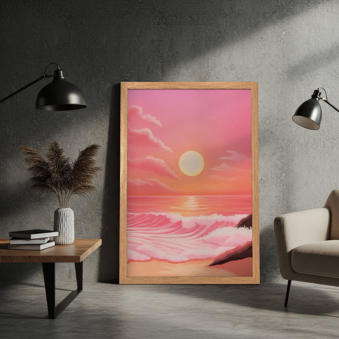 Framed Poster of a sunset beach scene in a soft, painterly style with a pink and orange color palette. Perfect wall art!
