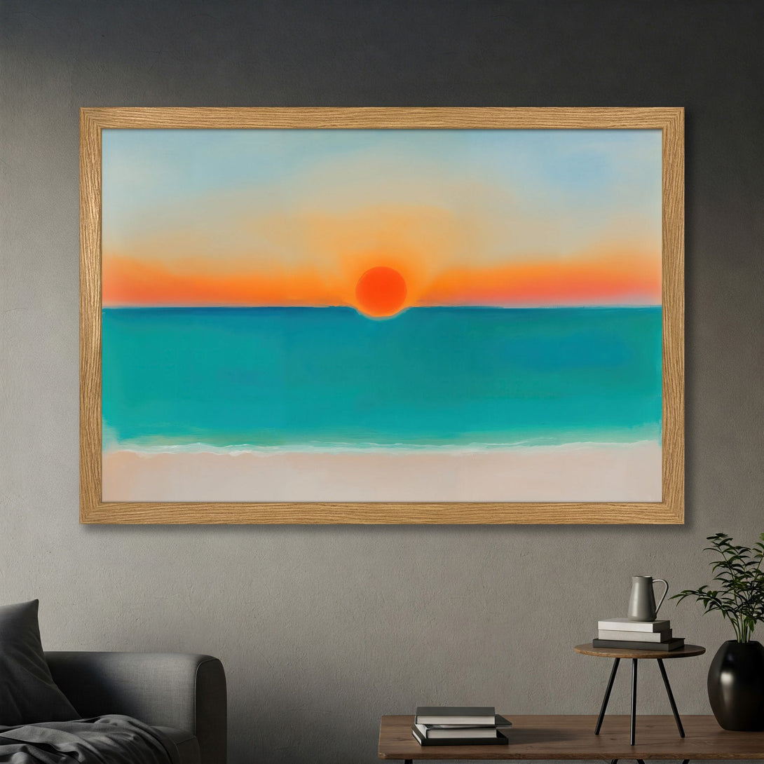 Framed Poster featuring a vibrant sunset over the ocean. Coastal art print in warm orange, turquoise, and blue hues. Perfect beach decor.