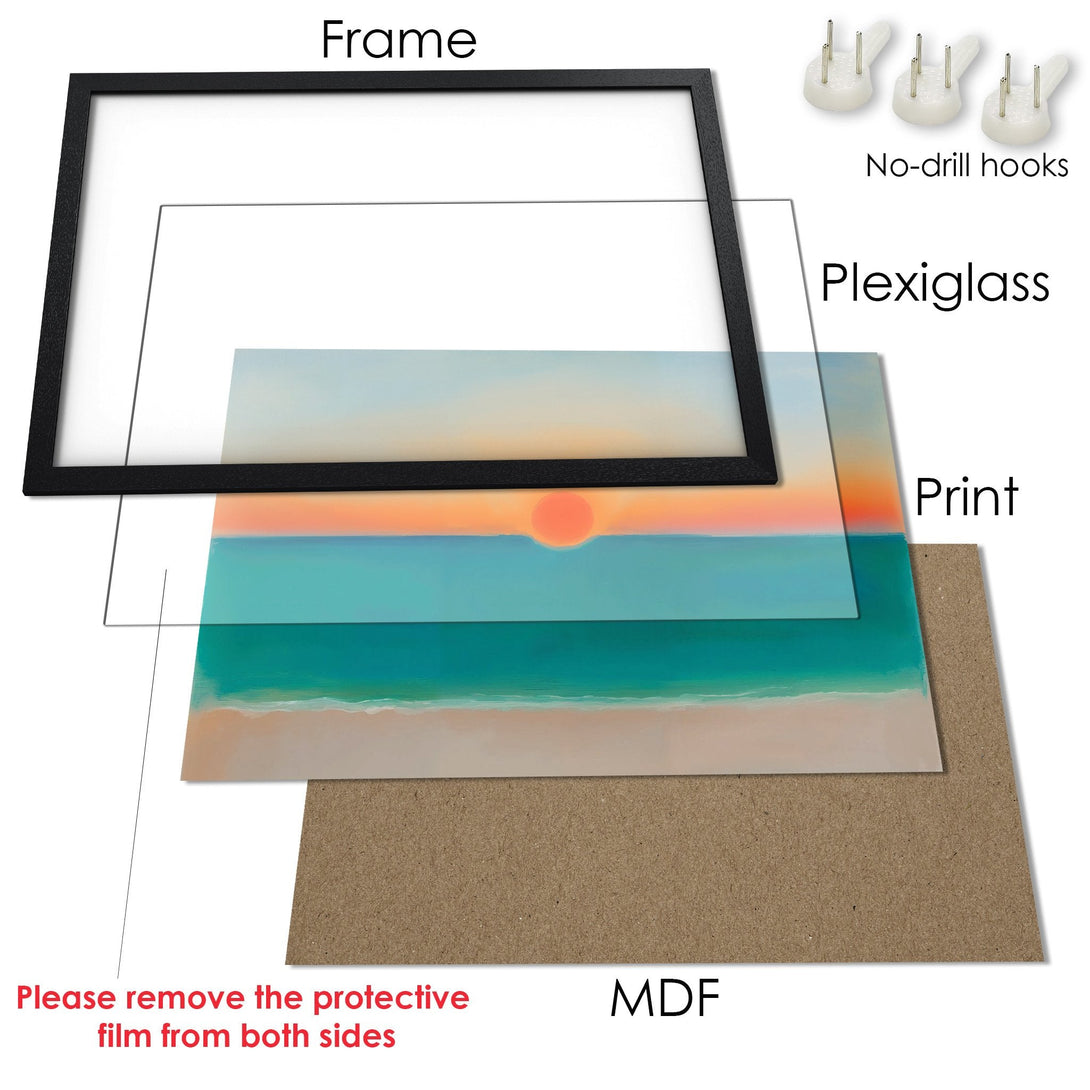 Framed Poster featuring a serene beach sunset scene. Soft pastel colors create a calming, artistic vibe. Perfect wall art!