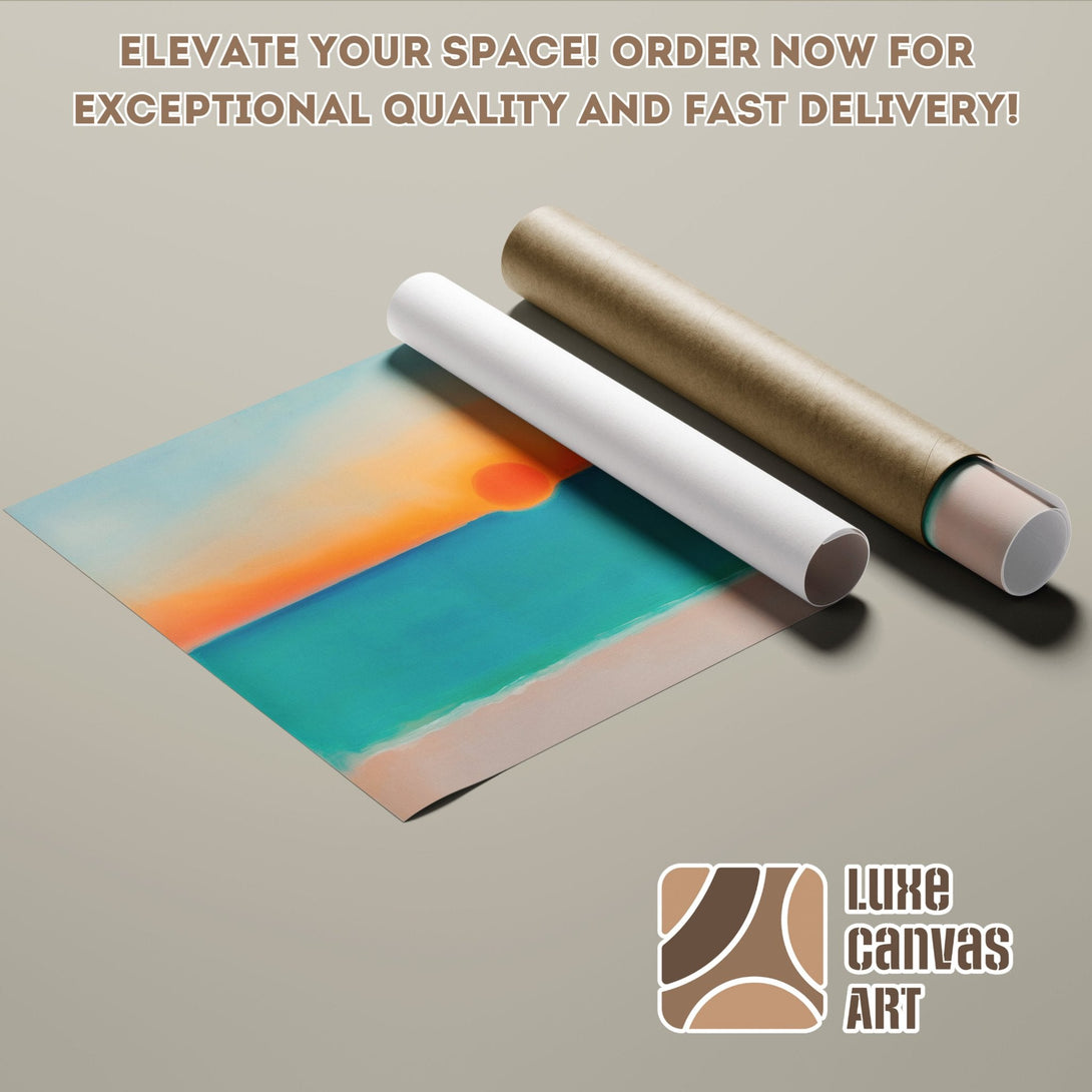 Abstract sunset Poster Roll in vibrant orange, teal, and beige. Elevate your space!