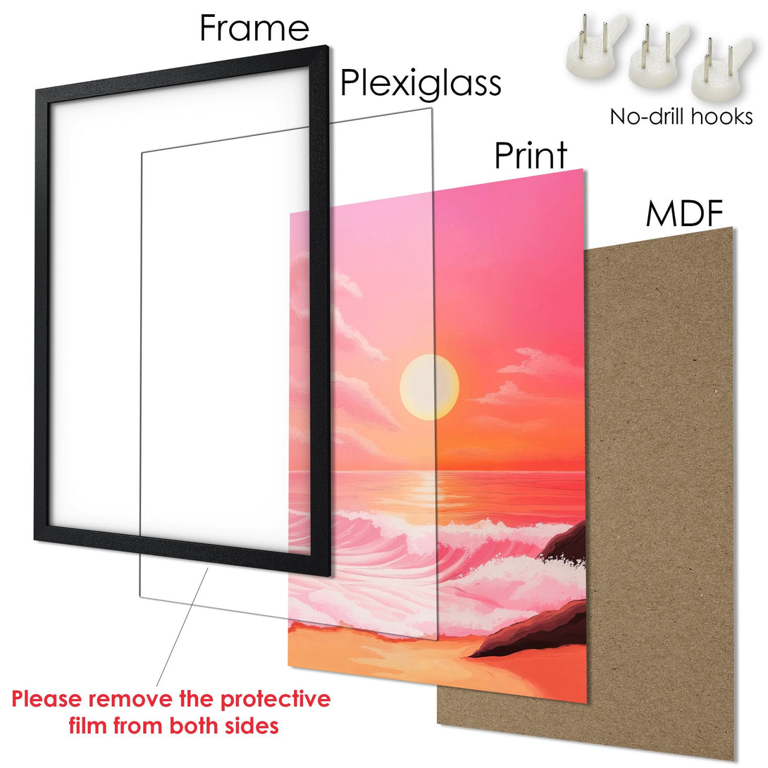 Framed Poster of a sunset beach scene. Vibrant pink, orange, and yellow color palette. Coastal art print for your home.