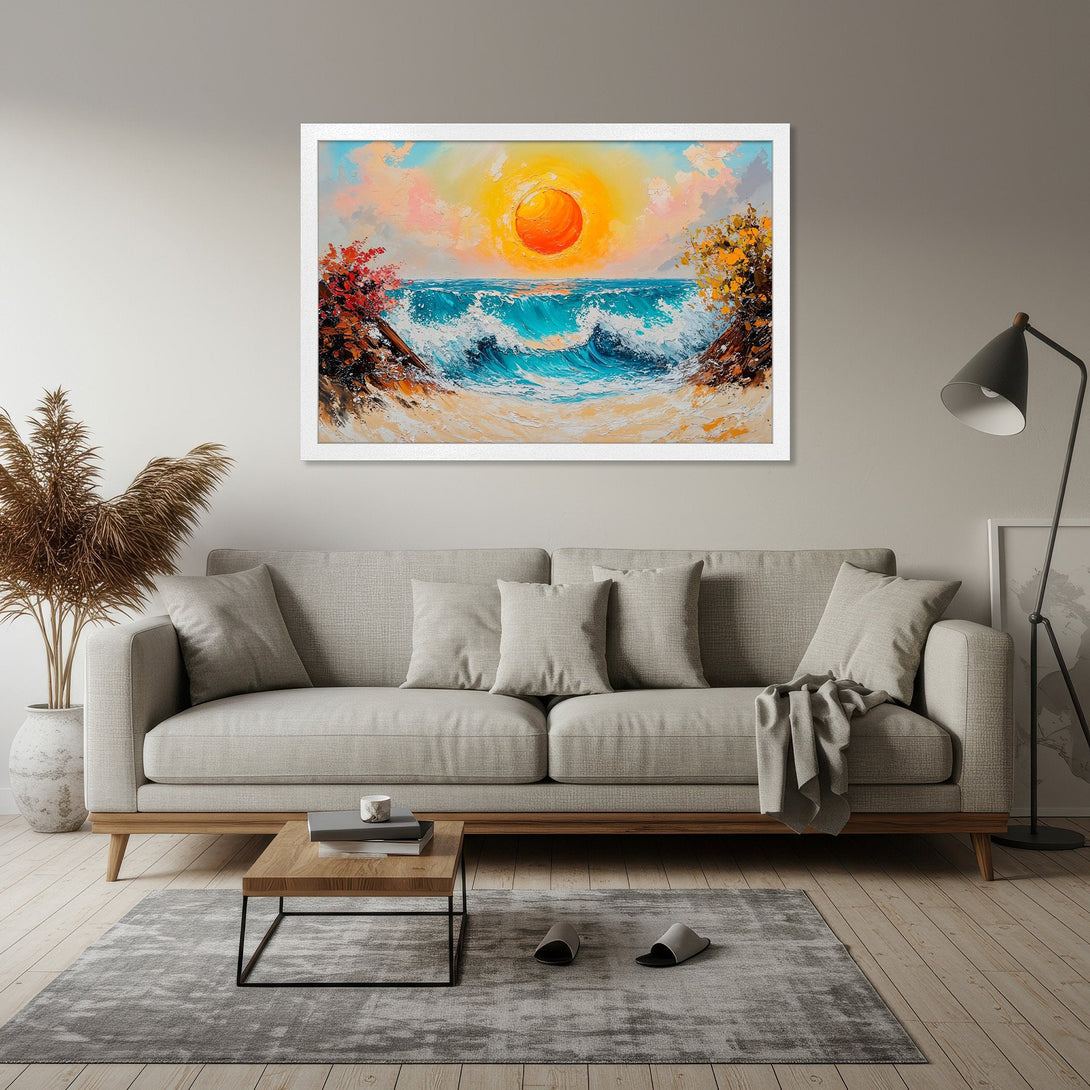 Framed Poster of a vibrant sunset over the ocean. Impasto style with warm orange, blue, and yellow hues. Add coastal charm to your home!