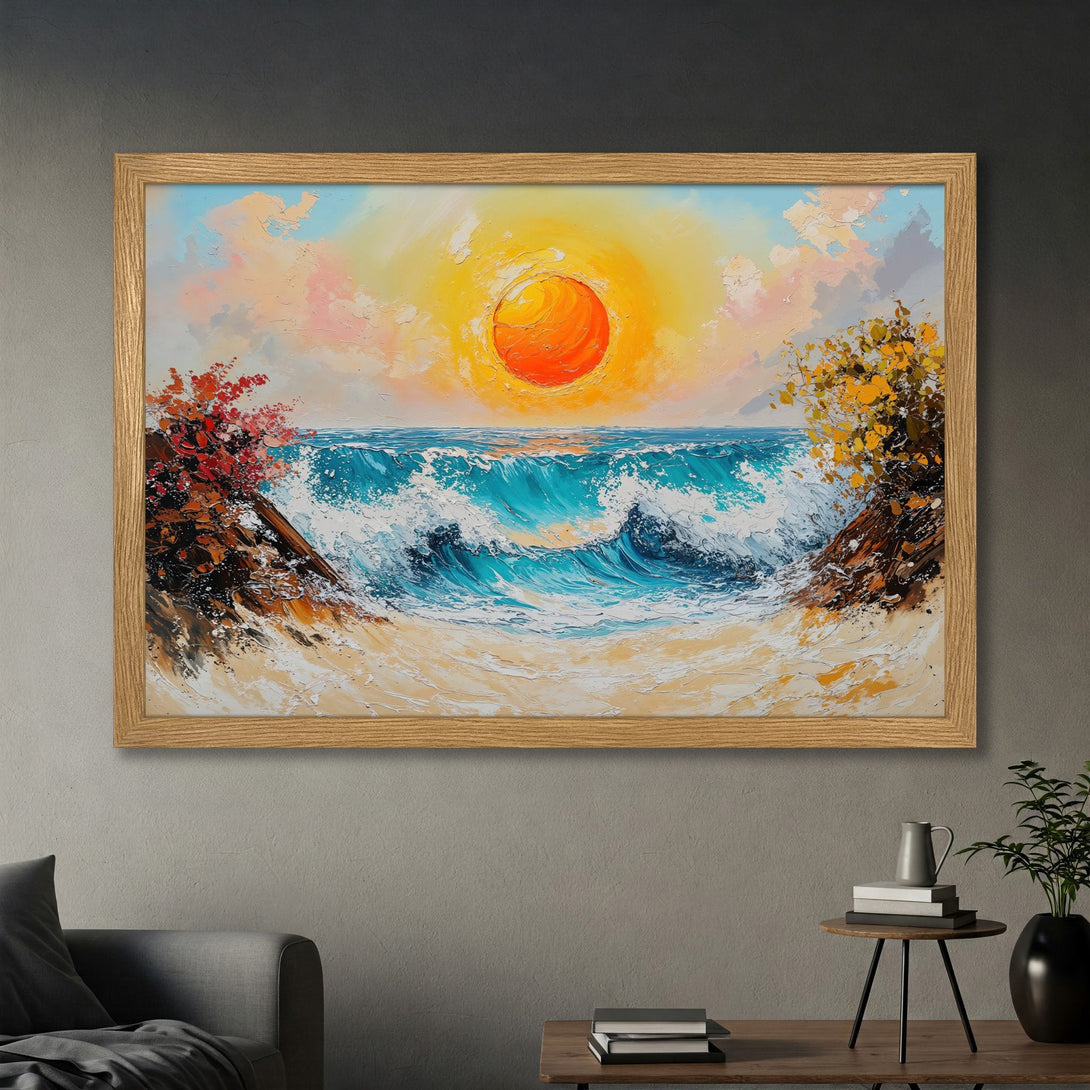 Framed Poster of a vibrant ocean landscape painting. Bold brushstrokes, warm orange and cool blue hues. Add coastal charm to your home!