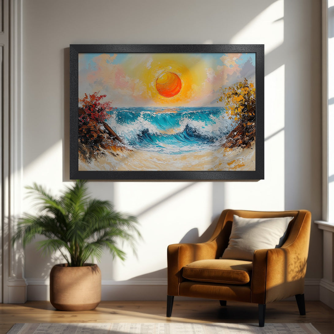 Framed Poster featuring a vibrant ocean sunset painting in an impressionistic style, with a warm yellow and blue color palette.