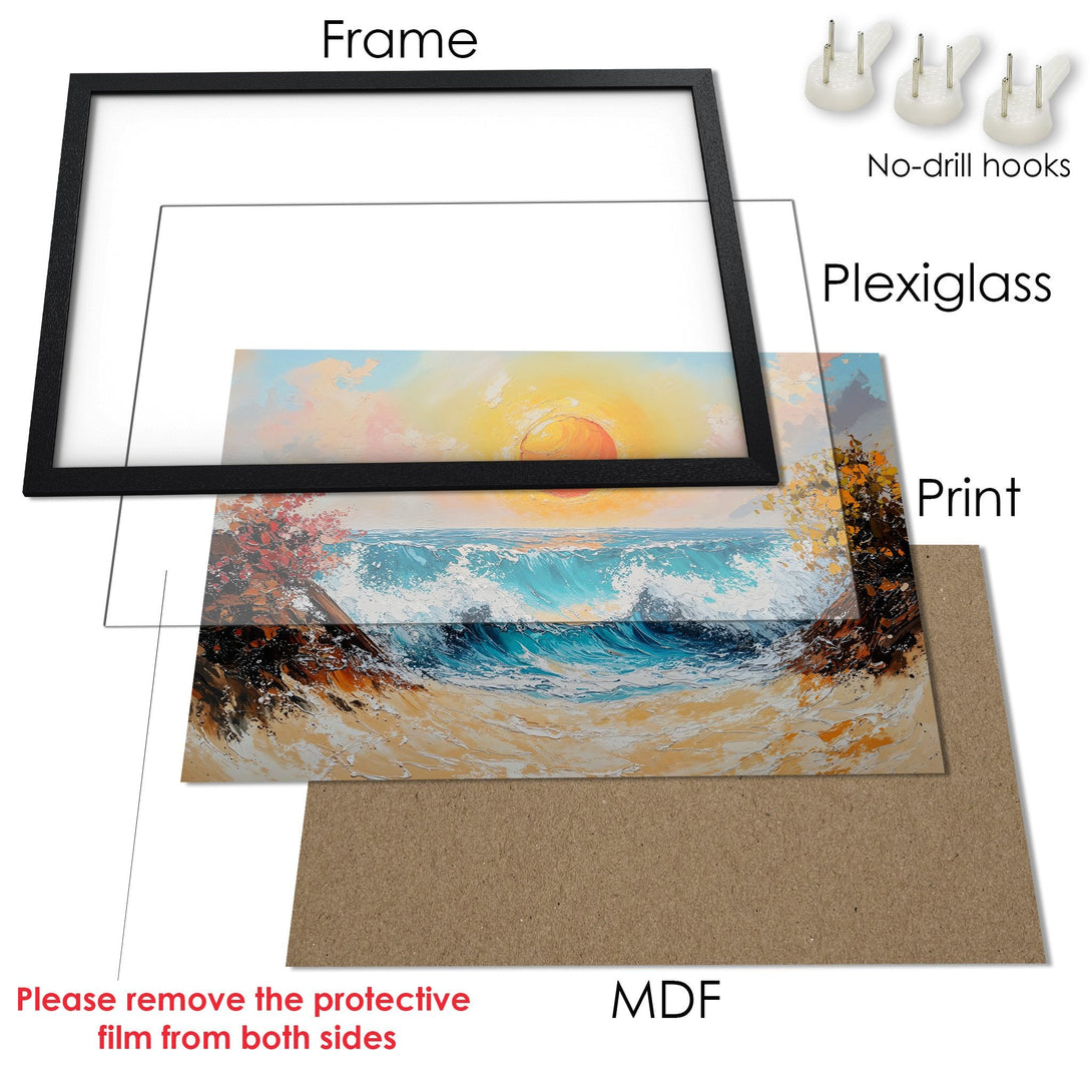 Framed Poster of ocean waves, sunset, and beach in a vibrant, impressionistic style with warm and cool tones.