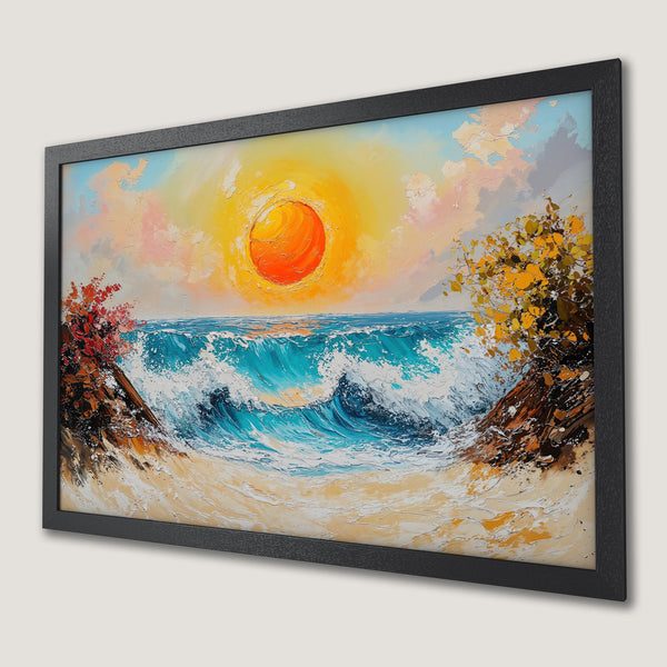 Framed Poster of a vibrant ocean sunset. Impressionistic style with a warm, colorful palette of blues, oranges, and yellows.