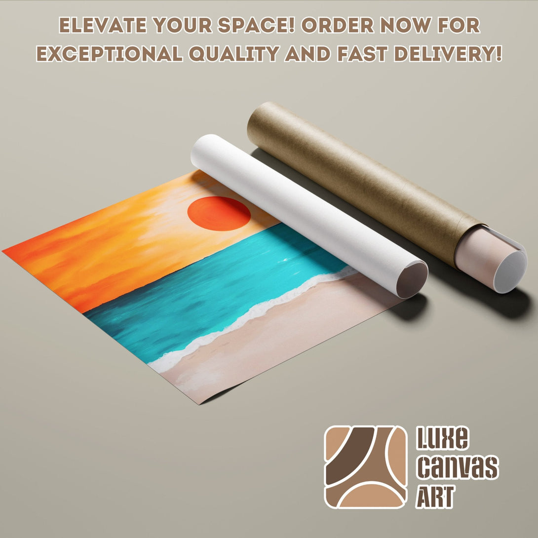 Beach landscape Poster Roll in warm orange, blue, and beige tones. Elevate your space!