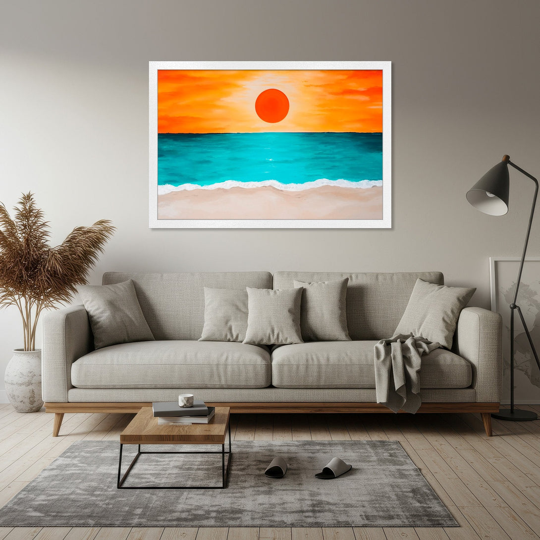 Framed Poster of a sunset over the ocean in vibrant orange, turquoise, and beige. Modern art style. Add a touch of serenity to your space!