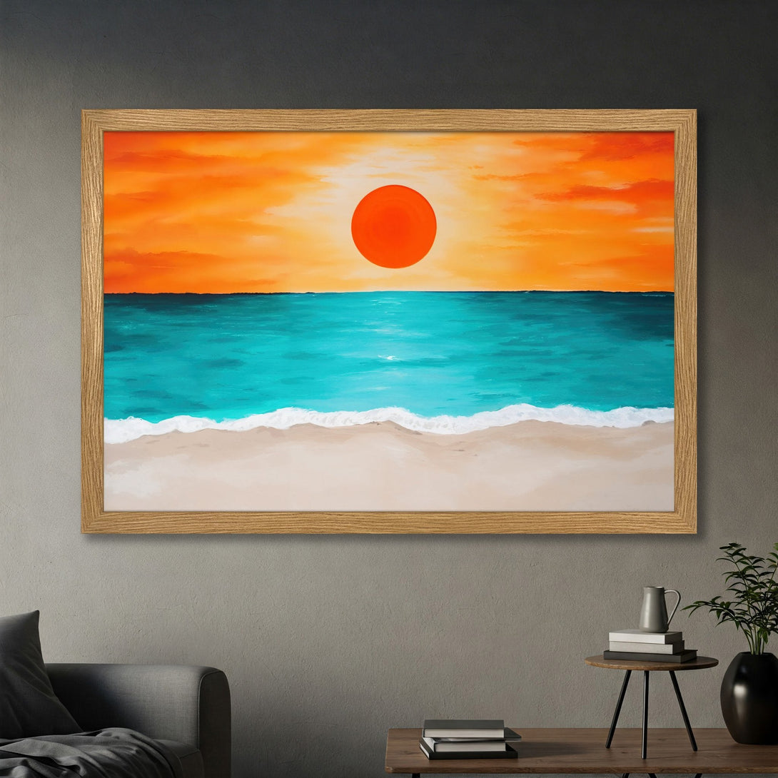 Framed Poster of a sunset beach scene in warm orange and turquoise tones. Bring the coastal vibes home!