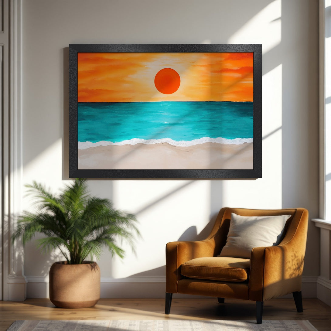 Framed Poster of a sunset over the ocean. Vibrant orange, turquoise, and beige color palette. Coastal art style. Perfect for home decor.