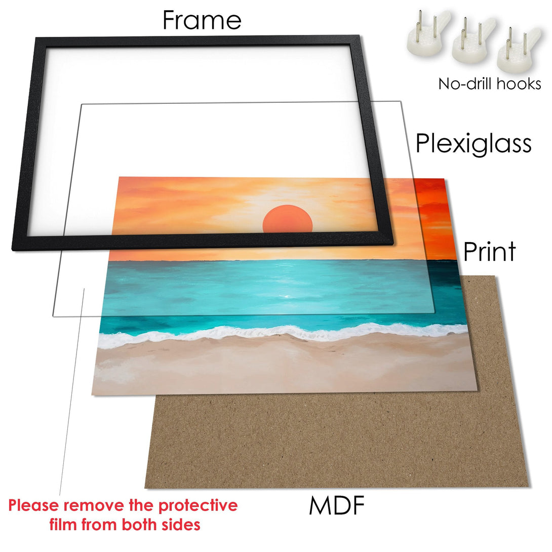 Framed Poster of a beach sunset in warm orange and blue tones. Perfect wall art for a coastal vibe.