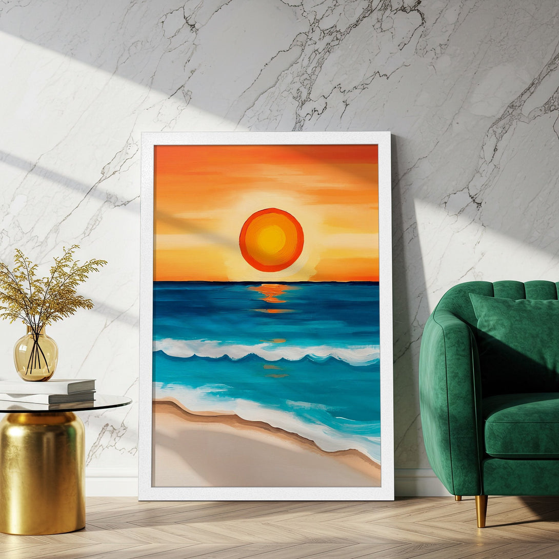 Framed Poster of a sunset over the ocean, painted in a vibrant, impressionistic style. Features warm orange, blue, and white hues. Perfect wall art!