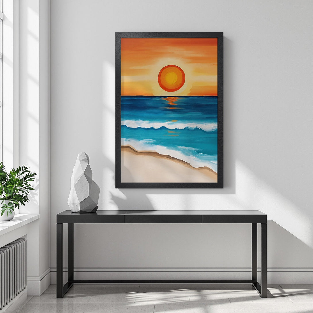 Framed Poster of a sunset over the ocean. Vibrant, colorful artwork in a modern style. Orange, blue, and white color palette.