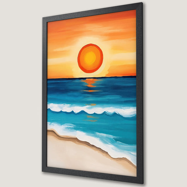 Framed Poster of a beach sunset. Impressionistic style with orange, blue, and beige color palette. Perfect wall art for a coastal vibe.