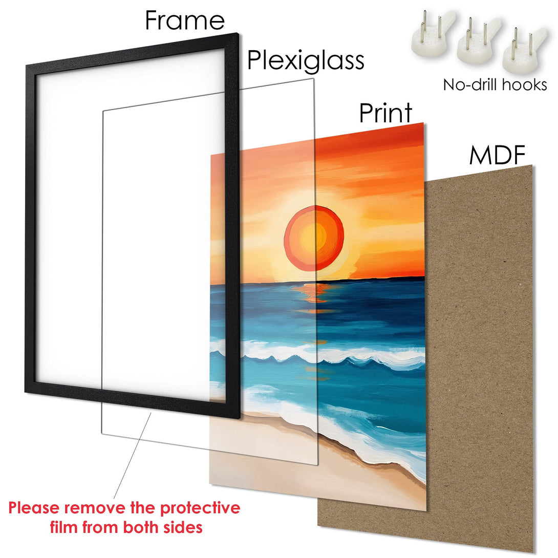 Framed Poster of a sunset over the ocean, vibrant colors, artistic style. Perfect wall art!