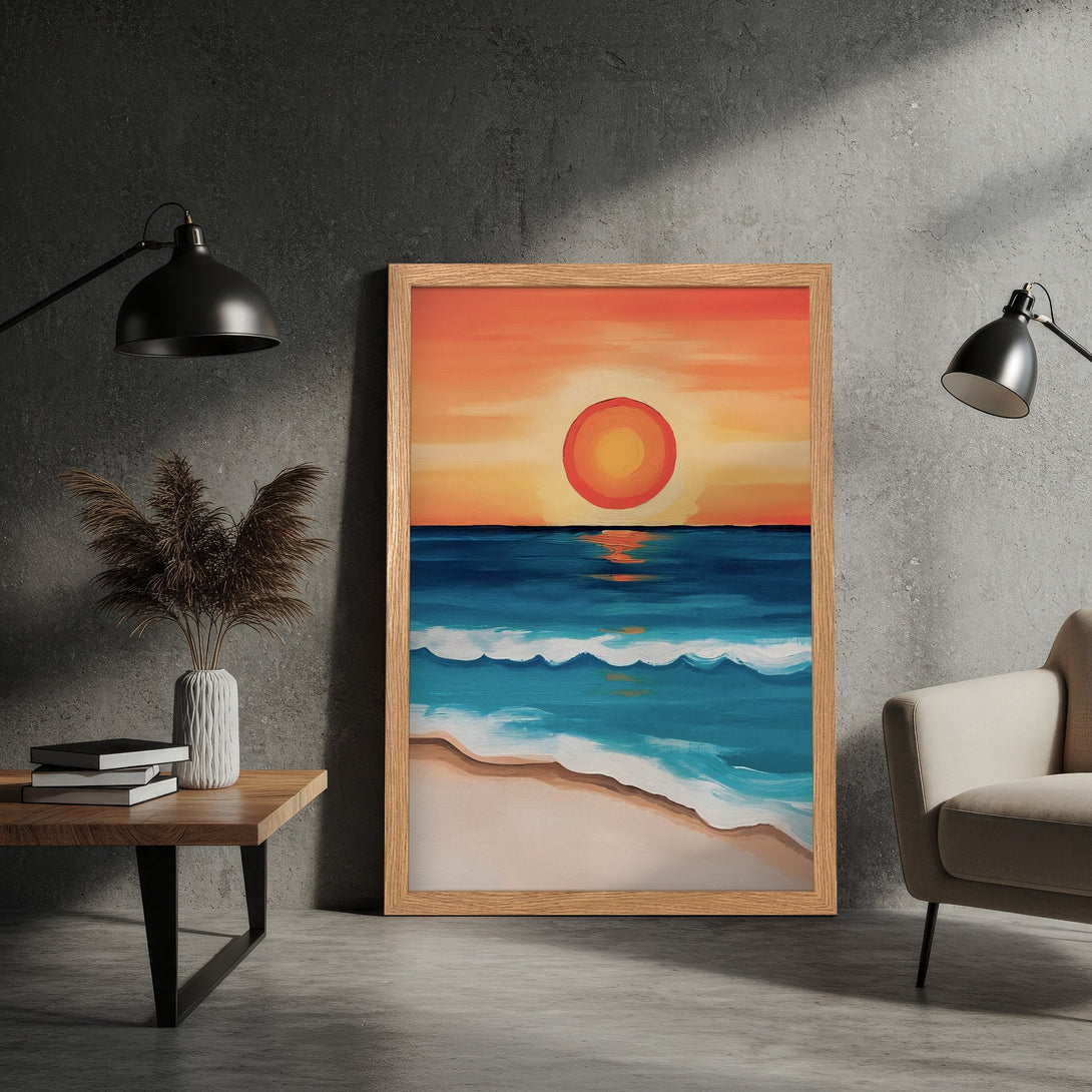 Framed Poster featuring a vibrant sunset over the ocean, painted in a modern style with a warm orange and cool blue color palette. Perfect wall art!