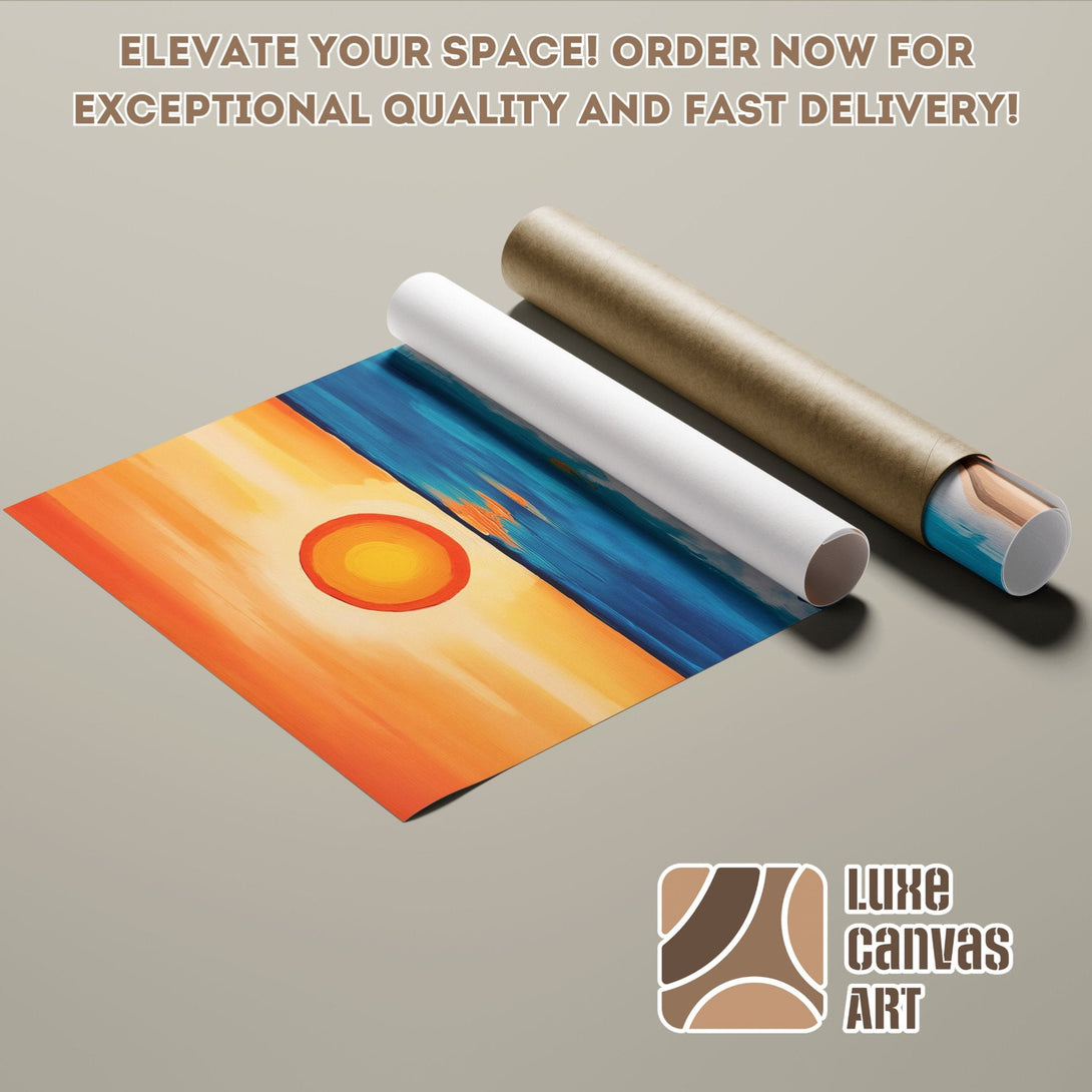 Abstract art Poster Roll featuring a vibrant sunset scene in warm orange and blue tones. Elevate your space!