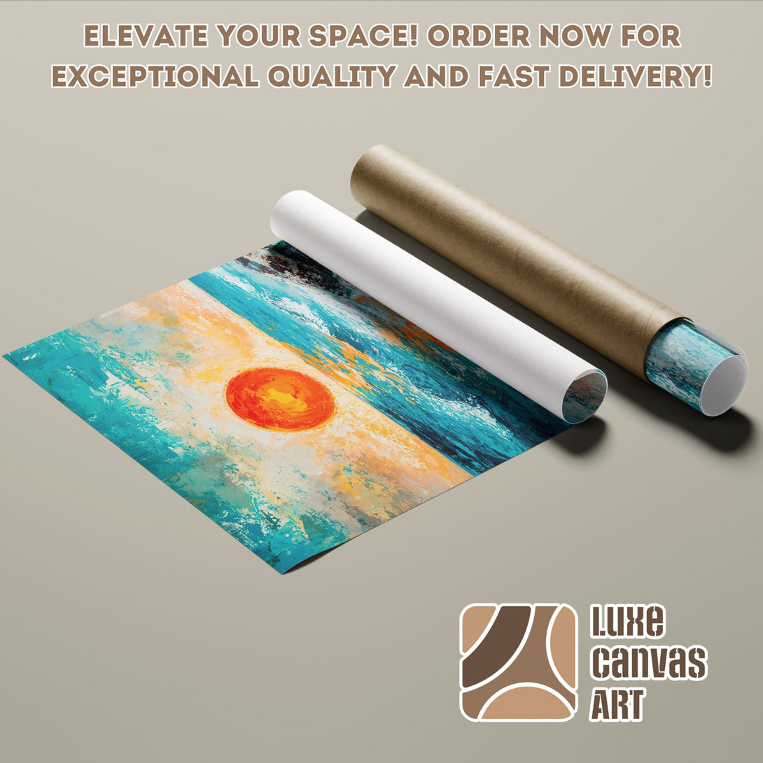 Abstract art Poster Roll with ocean and sun in blue, orange, and yellow. Elevate your space!
